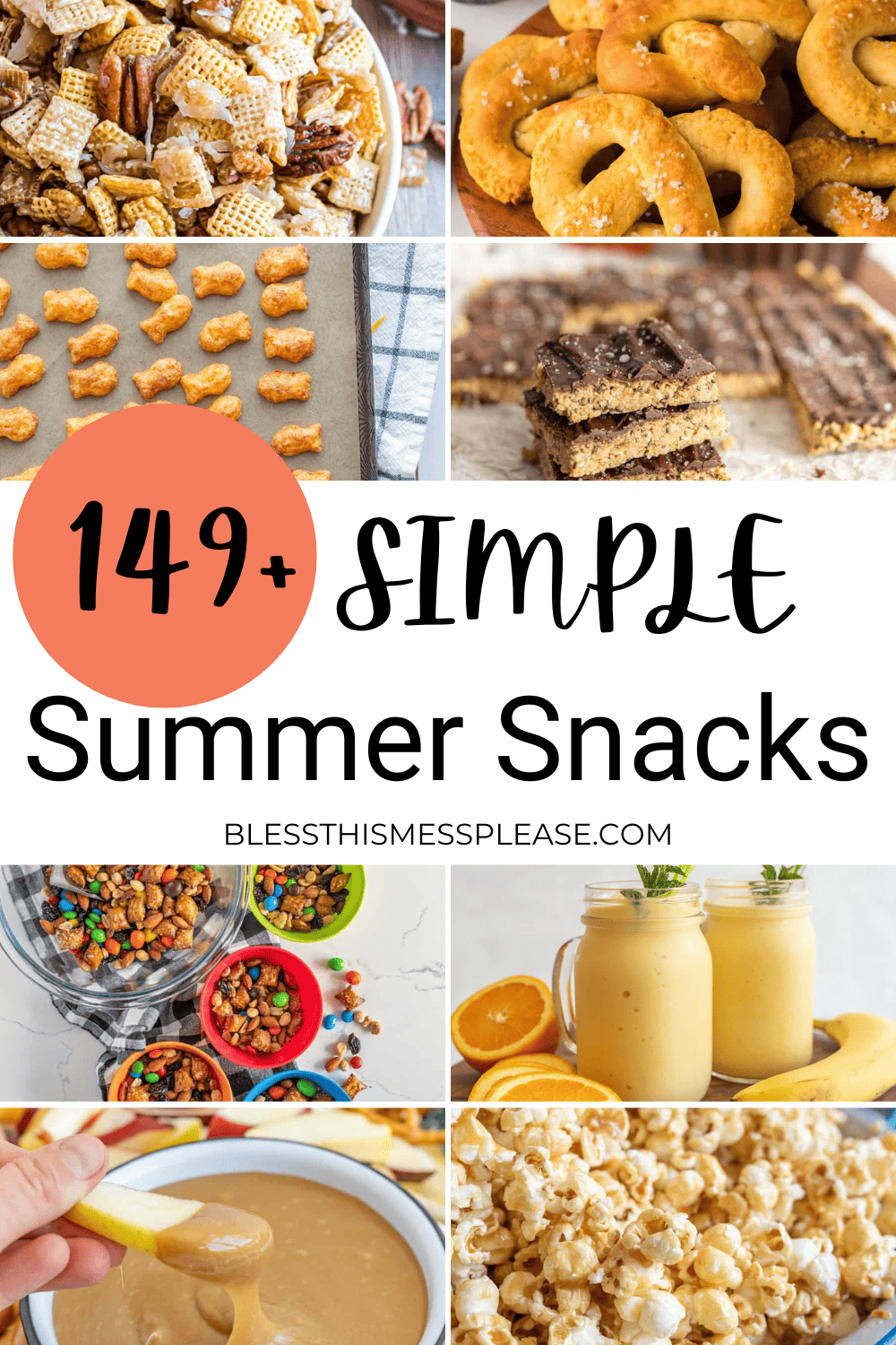 A collage of various snacks including Chex Mix, soft pretzels, goldfish crackers, bars, colorful snack mix, smoothies, caramel sauce, and popcorn, with text reading 149+ Simple Summer Snacks.