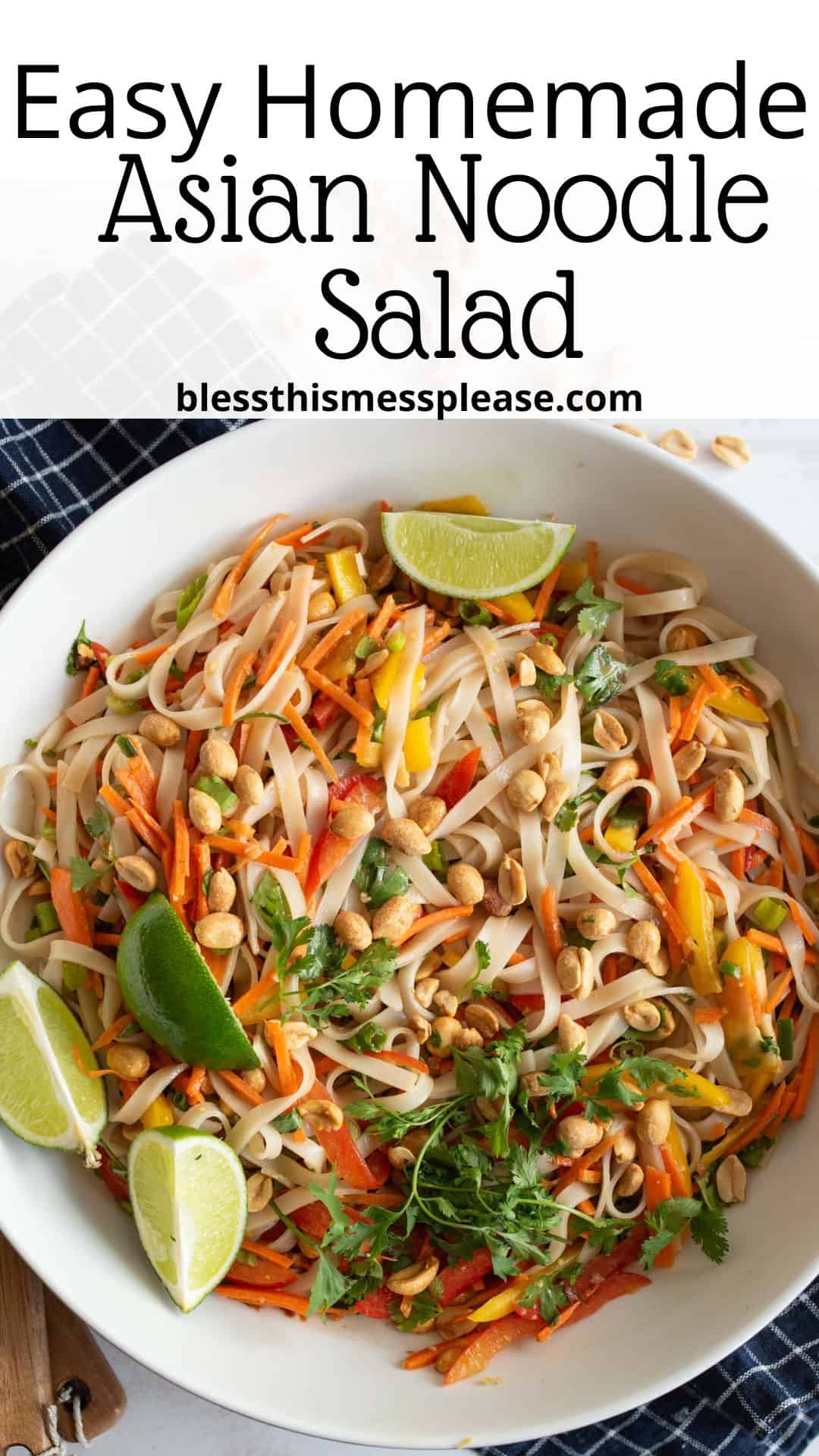 A bowl of colorful Asian noodle salad with rice noodles, shredded carrots, bell peppers, cilantro, peanuts, and lime wedges, on a white surface with a checkered napkin. Text above reads Easy Homemade Asian Noodle Salad.