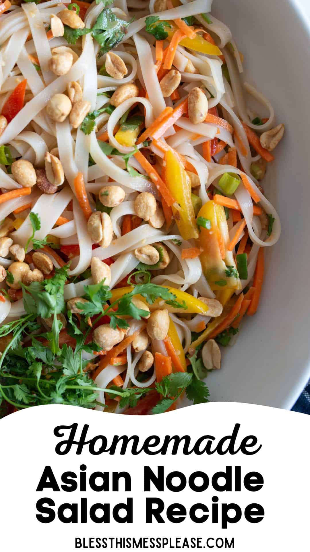 A close-up of an Asian noodle salad with rice noodles, shredded carrots, bell peppers, peanuts, and cilantro in a white bowl. Text at the bottom reads Homemade Asian Noodle Salad Recipe with a website link.