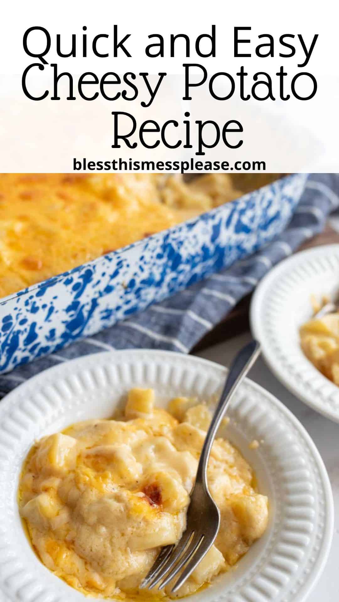 A serving of cheesy potato casserole is scooped onto a white plate with a fork, next to a blue and white baking dish filled with the casserole, on top of a blue plaid cloth.