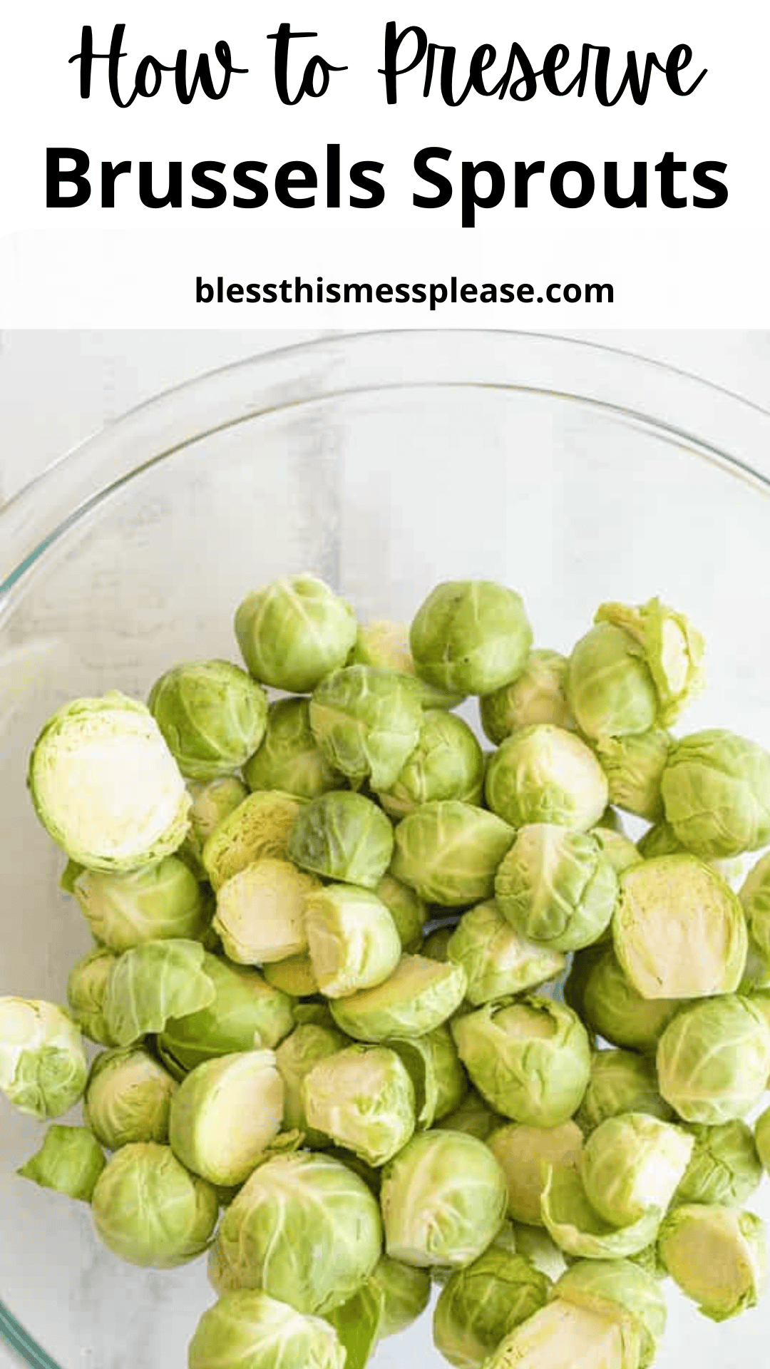 A glass bowl filled with fresh Brussels sprouts, some whole and some halved. The text above reads How to Preserve Brussels Sprouts and blessthismessplease.com.