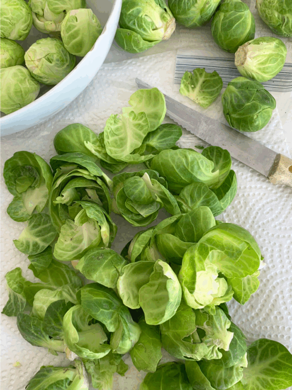 Brussels sprouts being prepped on a paper towel showing how to preserve brussels sprouts, with some whole and some trimmed or halved, a knife and a white bowl nearby. A green label at the bottom reads blessthismessplease.com.