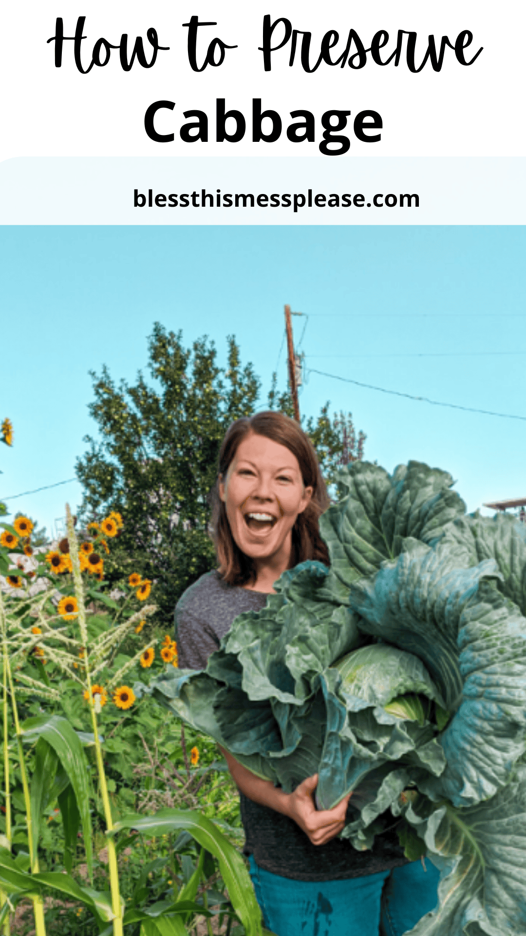 A smiling woman stands in a garden holding a giant cabbage, surrounded by sunflowers. Text above reads how to preserve cabbage with blessthismessplease.com below.