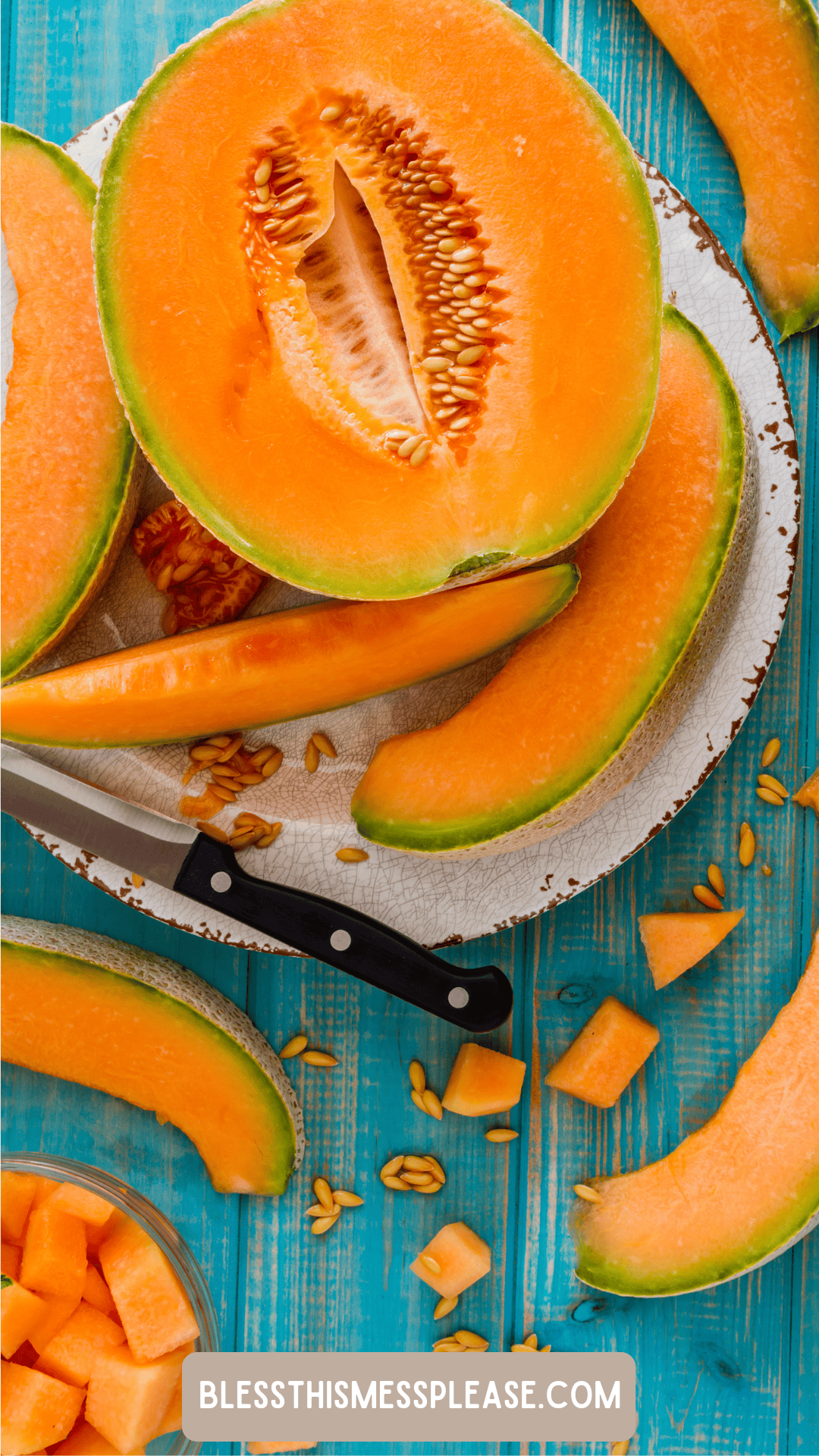 A plate with sliced cantaloupe melon, a knife, and scattered seeds on a blue wooden surface hints at how to preserve cantaloupe. Cubes of cantaloupe are in a bowl nearby. The text blessthismessplease.com is at the bottom.