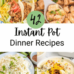 A collage of four Instant Pot dishes—tacos with toppings, saucy chicken, rice, and creamy soup—with text reading “42 Instant Pot Dinner Recipes” and a website URL highlights easy instant pot dinner recipes.
