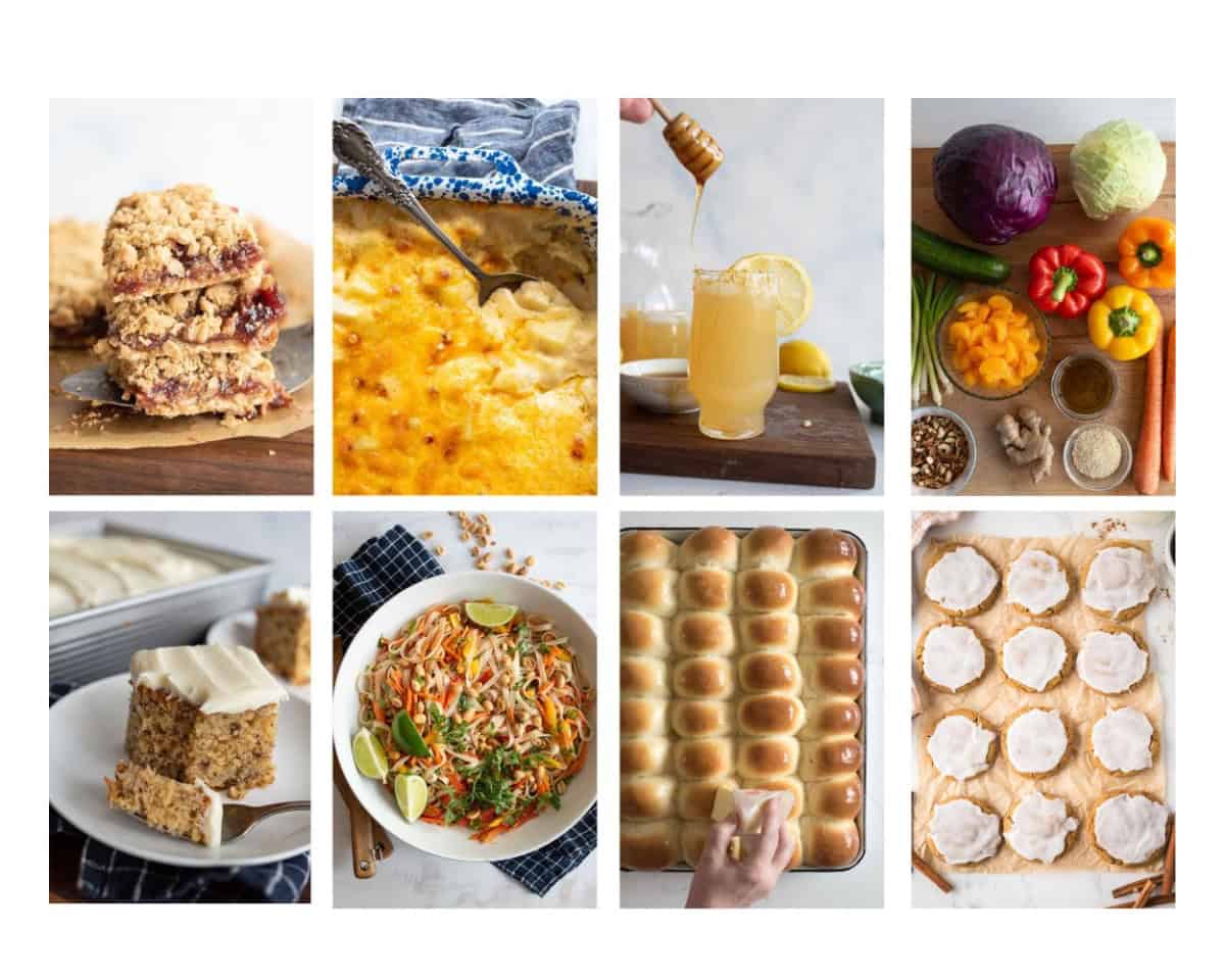 A collage of eight images featuring various foods: crumb bars, a baked casserole, honey poured into a drink, chopped vegetables, a frosted cake slice, a vegetable salad, golden dinner rolls, and cookies with white icing.