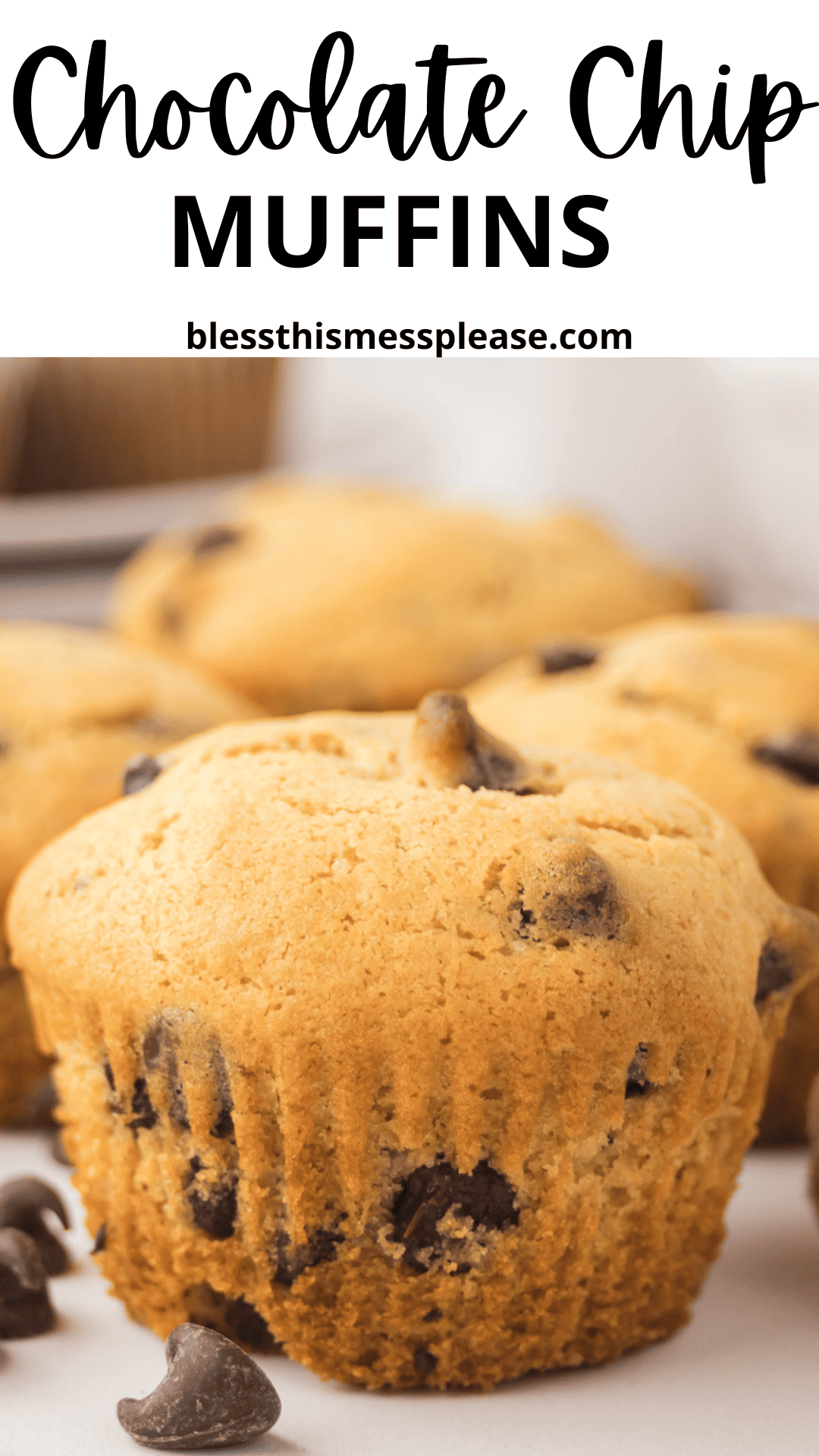 A close-up of a golden-brown chocolate chip muffin with chocolate chips visible inside; more muffins and several chocolate chips are in the background. Text above reads Chocolate Chip Muffins and blessthismessplease.com—perfect for any chocolate chip muffin recipe.