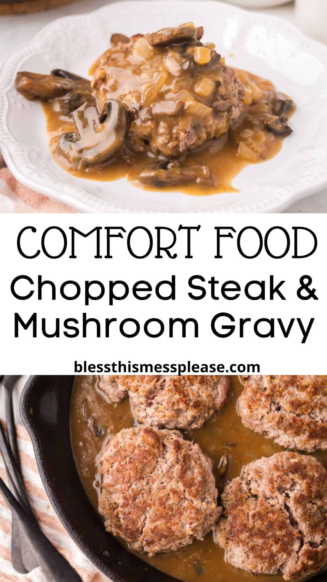 Chopped steak smothered in savory mushroom gravy is served on a white plate. Below, chopped steak simmers in a skillet. Text reads: “COMFORT FOOD Chopped Steak & Mushroom Gravy blessthismessplease.com.”.