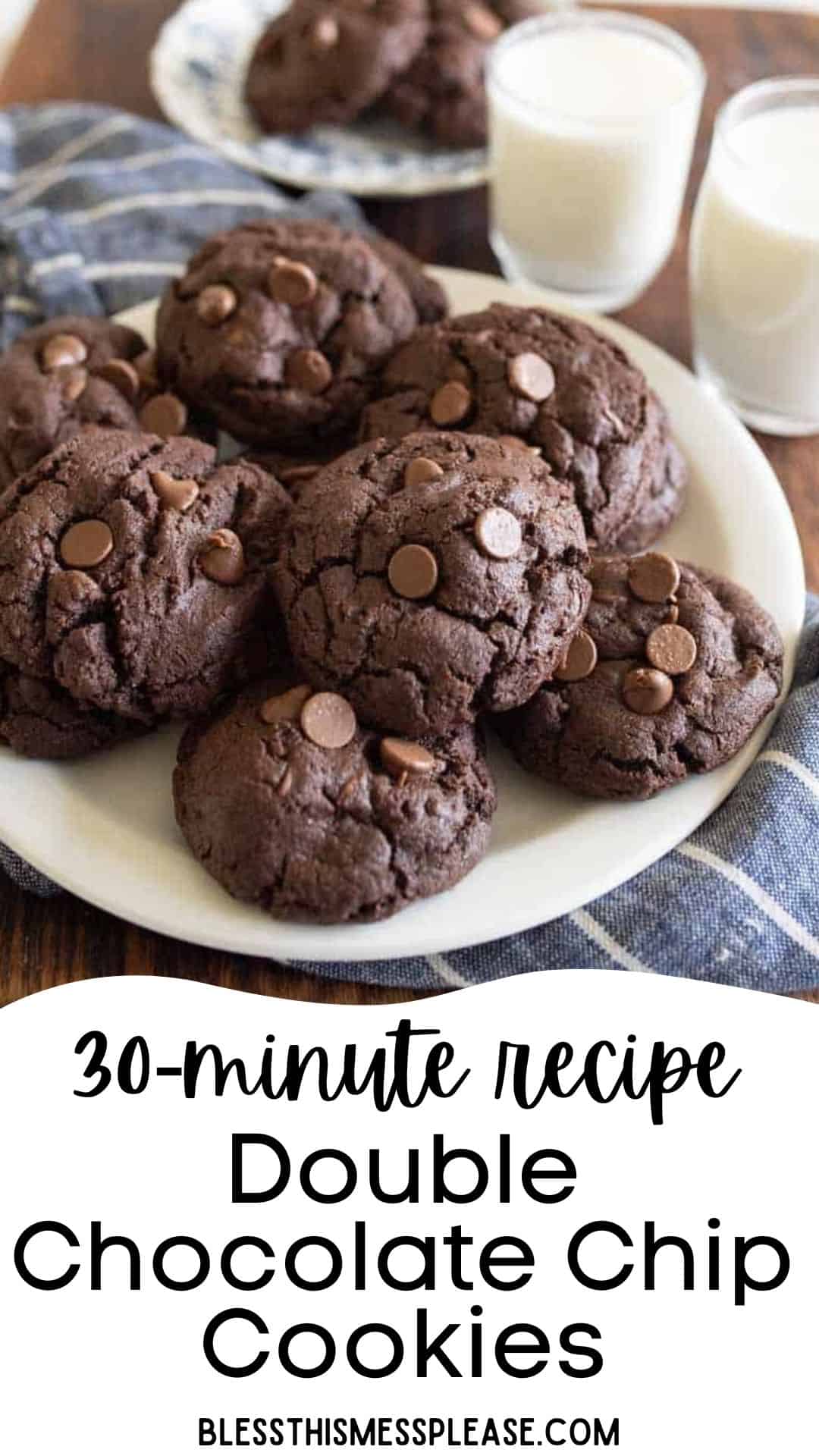 A plate of double chocolate chip cookies rests on a blue plaid cloth beside two glasses of milk, with more delicious double chocolate chip cookies tempting in the background. Text below reads, 30-minute recipe Double Chocolate Chip Cookies.