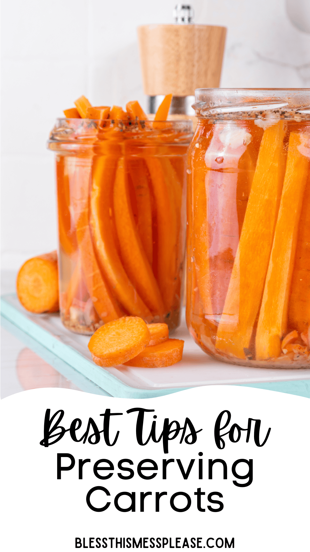 Two glass jars filled with sliced carrots in brine sit on a tray, with a salt grinder in the background. Text reads, Best Tips for Preserving Carrots, and a website, blessthismessplease.com, is shown.