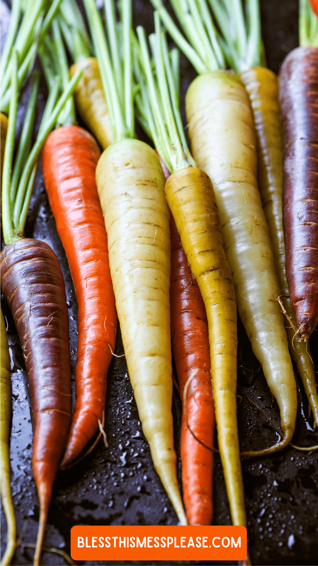 A close-up of colorful carrots, including orange, yellow, purple, and white varieties, with green tops attached. The surface appears wet and shiny. A label at the bottom reads blessthismessplease.com.