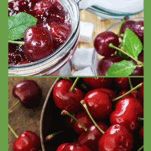 Close-up of a jar of cherry jam with a spoon, fresh cherries, sugar cubes, and a bowl filled with bright red cherries—perfect for anyone learning How To Preserve Cherries. The text blessthismessplease.com appears at the bottom.