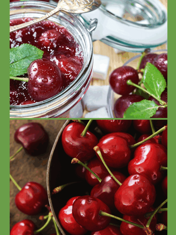 Close-up of a jar of cherry jam with a spoon, fresh cherries, sugar cubes, and a bowl filled with bright red cherries—perfect for anyone learning How To Preserve Cherries. The text blessthismessplease.com appears at the bottom.