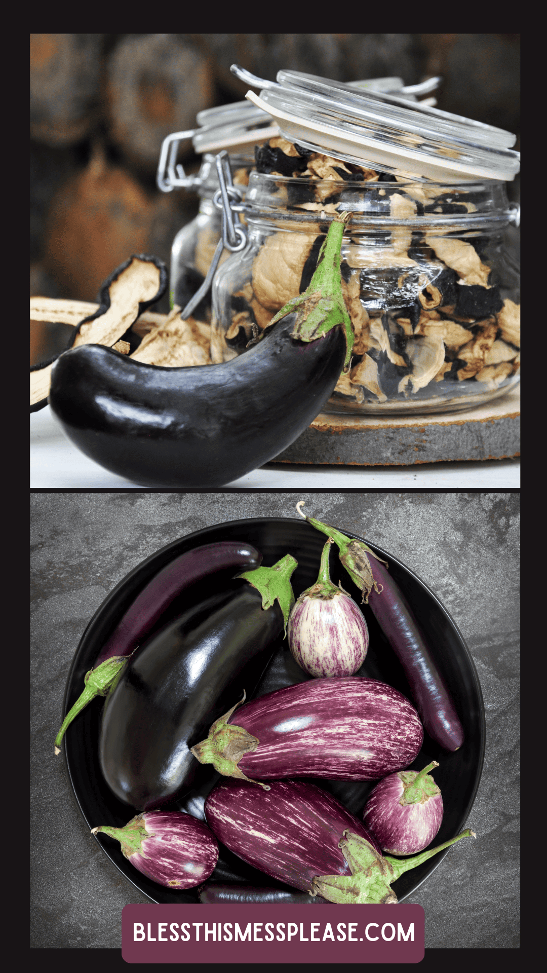 A glass jar of dried eggplant sits behind a fresh eggplant; below, a black bowl holds various colorful eggplants—showcasing how to preserve eggplant. Text at the bottom reads blessthismessplease.com.