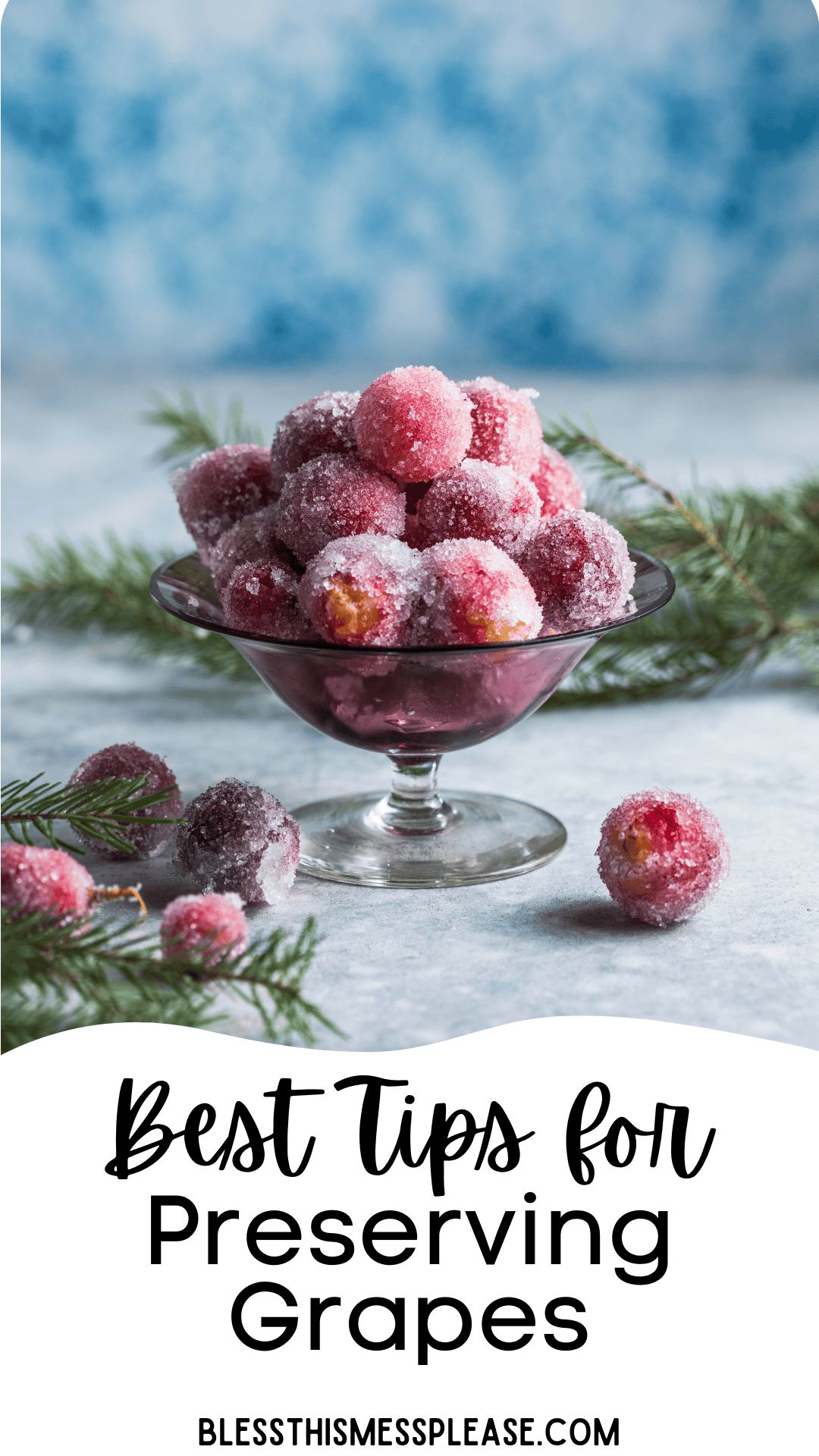 A glass dish filled with frosted grapes sits on a table with pine branches, alongside text that reads Best Tips for How to Preserve Grapes and the website blessthismessplease.com.