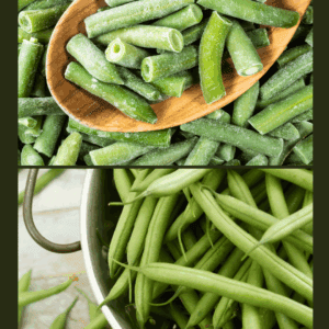 A wooden spoon holds cut frozen green beans above more frozen beans; below, fresh green beans fill a metal colander, illustrating how to preserve green beans. A website, blessthismessplease.com, is noted at the bottom.