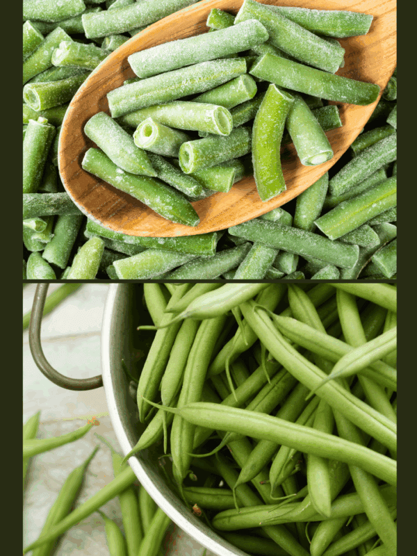 A wooden spoon holds cut frozen green beans above more frozen beans; below, fresh green beans fill a metal colander, illustrating how to preserve green beans. A website, blessthismessplease.com, is noted at the bottom.