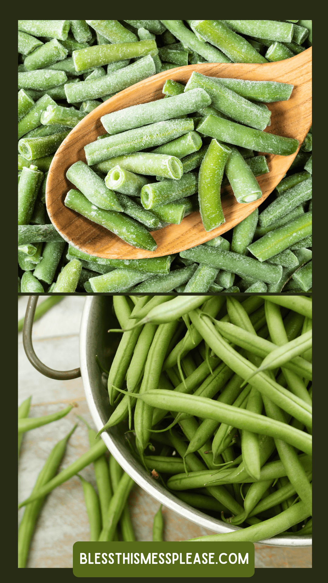 A wooden spoon holds cut frozen green beans above more frozen beans; below, fresh green beans fill a metal colander, illustrating how to preserve green beans. A website, blessthismessplease.com, is noted at the bottom.