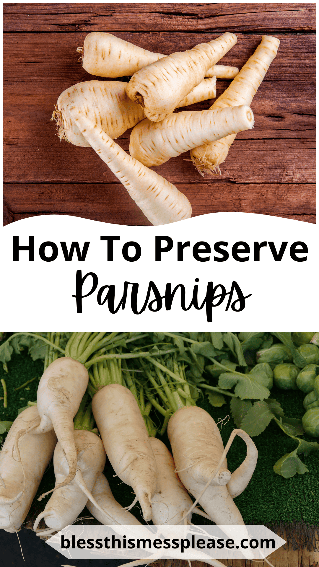 Top image: Pile of parsnips on a wooden surface. Bottom image: Fresh parsnips with green tops attached, displayed on a green cloth. Text: How To Preserve Parsnips and blessthismessplease.com.