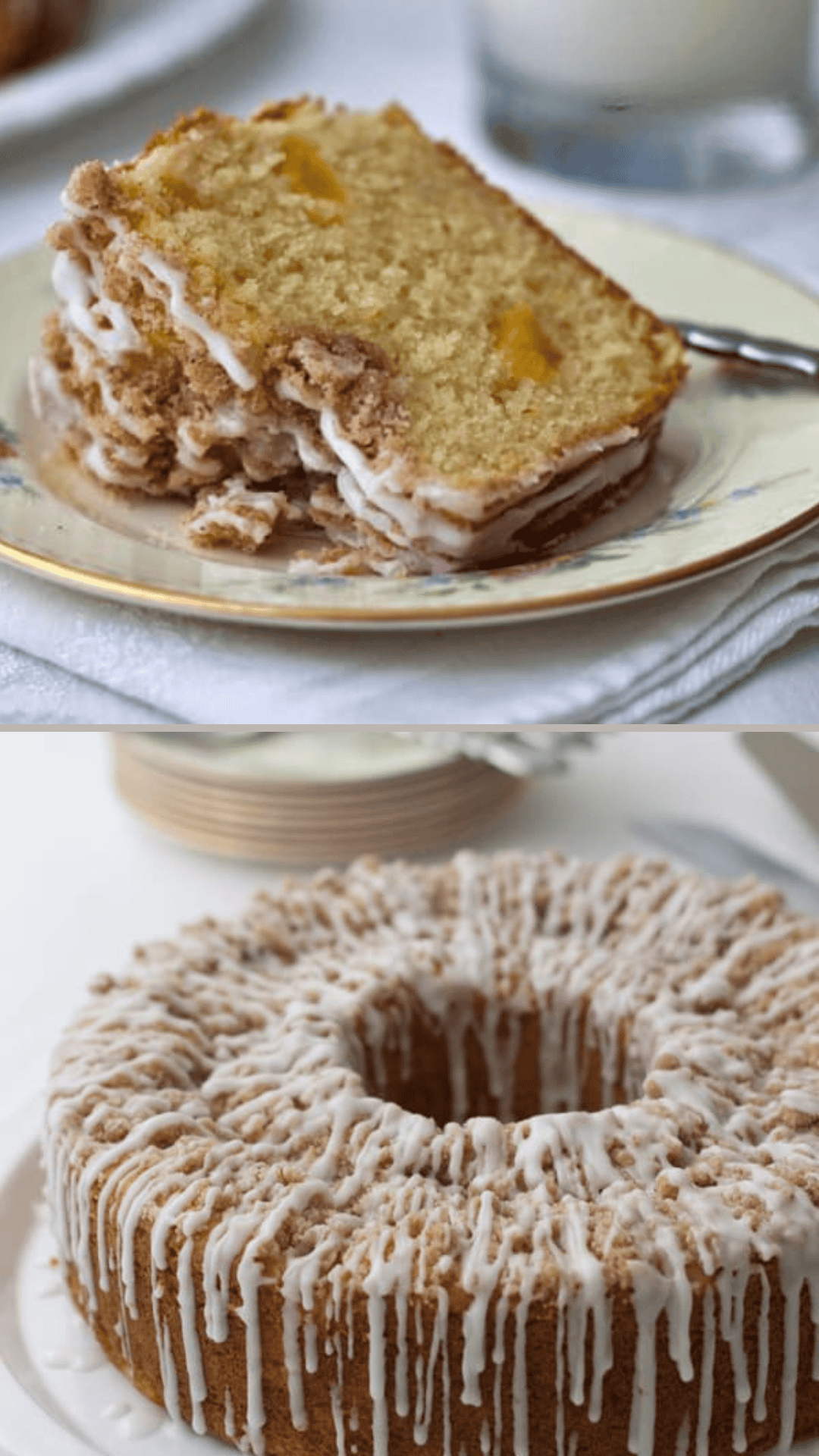 Two images: the top shows a slice of moist peach coffee cake with crumb topping and icing on a plate; the bottom shows a whole bundt peach coffee cake topped with crumb and white icing drizzle.