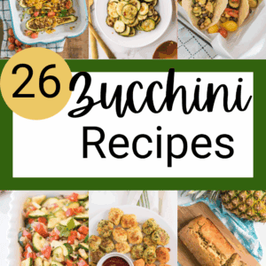 A collage of six zucchini recipes—stuffed boats, roasted slices, tacos, salad, fritters with dip, and zucchini bread—with text overlay: “26 Zucchini Recipes” and the website “blessthismessplease.com.”.