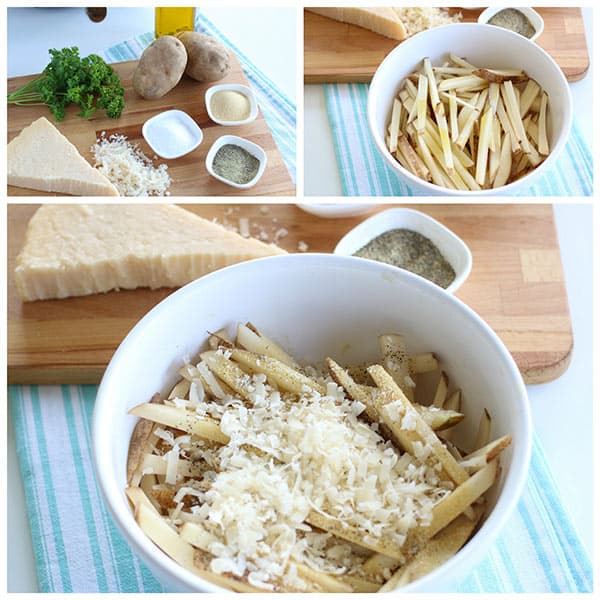 Three images show ingredients and steps for making cheesy garlic parmesan french fries: sliced potatoes in a bowl, grated cheese, seasonings, parsley, and a cheese block on a cutting board.