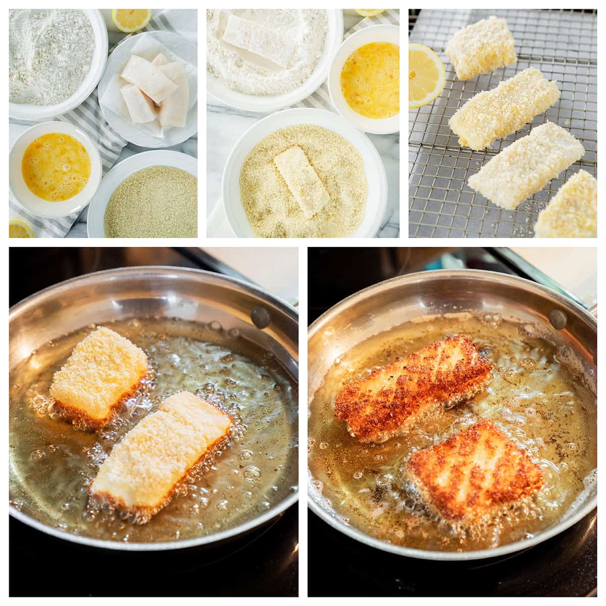A step-by-step collage showing halibut fish and chips being made: fish fillets are coated in flour, egg, and breadcrumbs, then fried in a pan until golden brown.