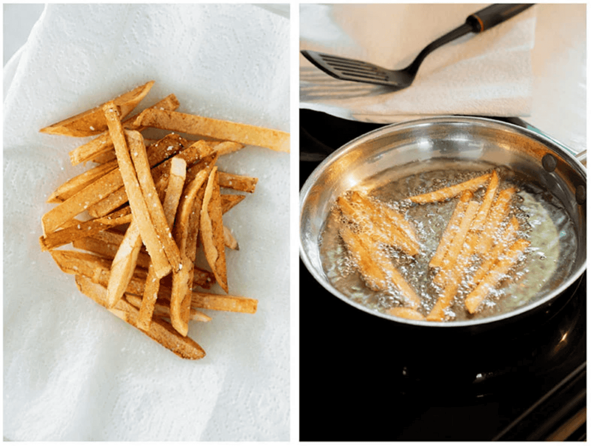 Left: Crispy French fries on a paper towel sprinkled with salt. Right: French fries frying and sizzling in hot oil beside halibut fish and chips in a metal pan, with a spatula and paper towel in the background.