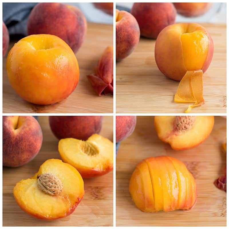 A four-step collage shows peeling, pitting, and slicing a peach on a wooden surface; the final image displays neatly sliced peach, perfect for your next peach raspberry cobbler.