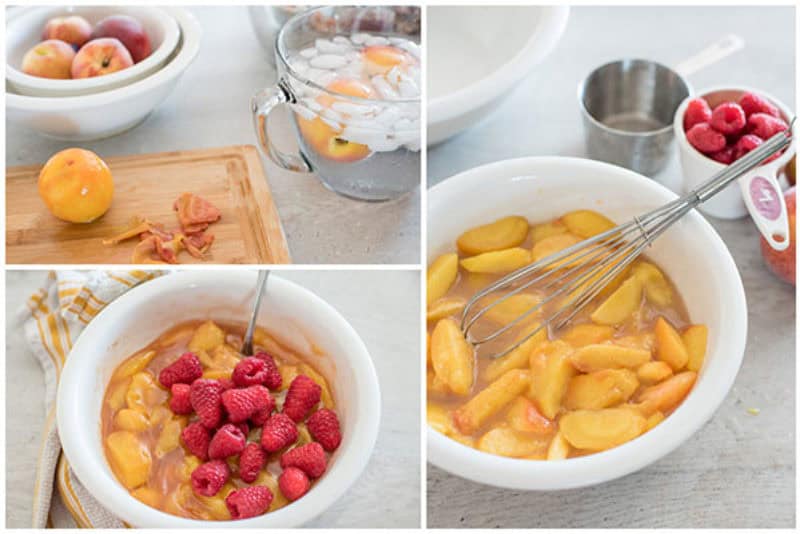 Four photos show steps for peach raspberry cobbler: peeling peaches, placing them in ice water, mixing peach slices in a bowl, and adding raspberries to the bowl with a whisk and measuring cups nearby.