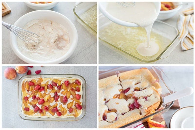 A four-panel image shows the steps of making peach raspberry cobbler: mixing batter, pouring it into a baking dish, adding peaches and raspberries, and the finished baked cobbler being served.