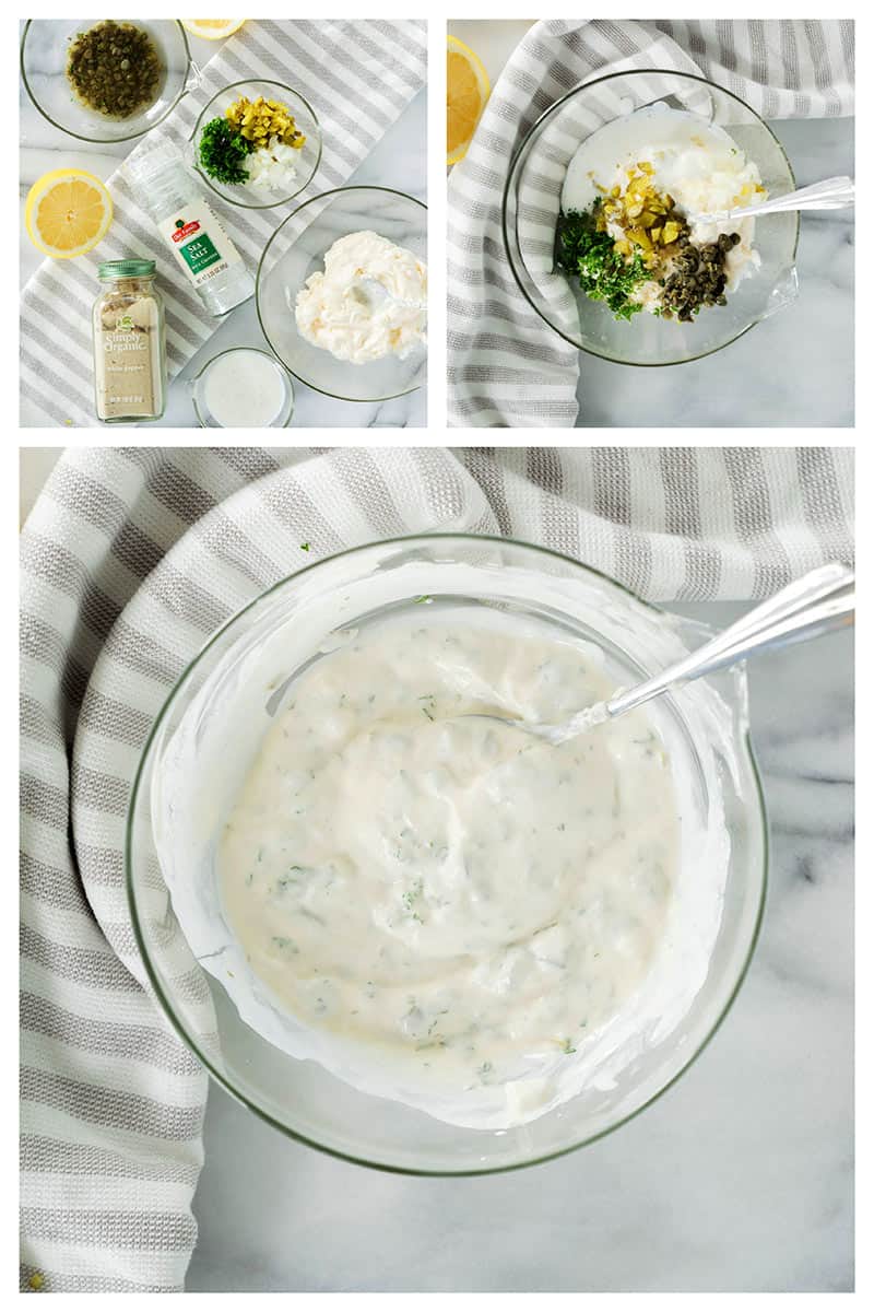 Three images show the steps of a homemade tartar sauce recipe: ingredients on a counter, then in a bowl ready to mix, and finally the creamy finished sauce in a bowl with a spoon on a striped towel.