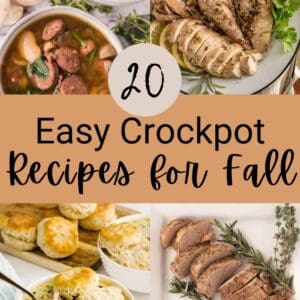 A collage of hearty fall dishes—soups, roasted chicken, biscuits with stew, and sliced pork—with text overlay: “20 Easy Crockpot Recipes for Fall.” Discover the best crockpot recipes for fall at blessthismessplease.com.