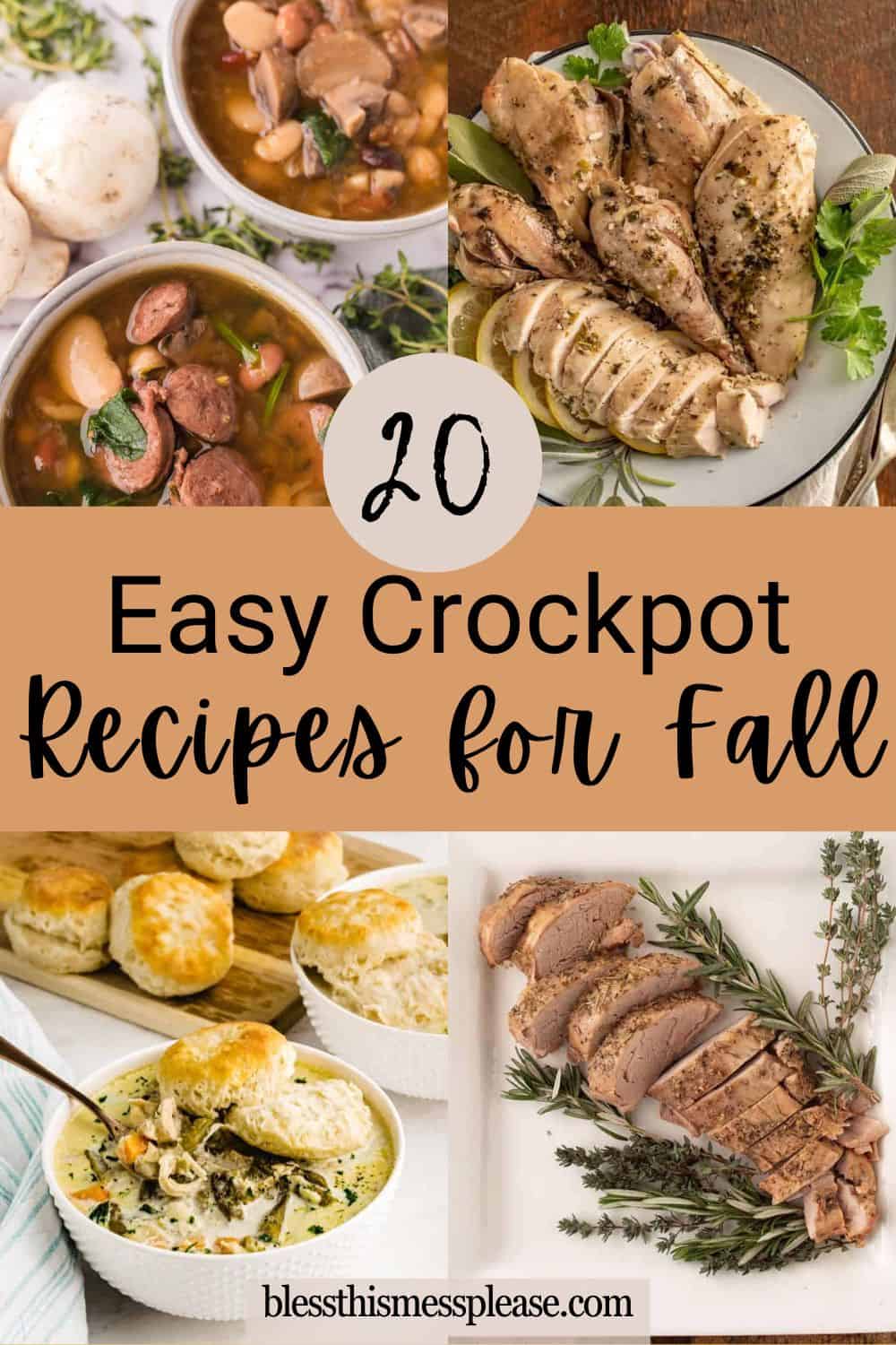 A collage of hearty fall dishes—soups, roasted chicken, biscuits with stew, and sliced pork—with text overlay: “20 Easy Crockpot Recipes for Fall.” Discover the best crockpot recipes for fall at blessthismessplease.com.