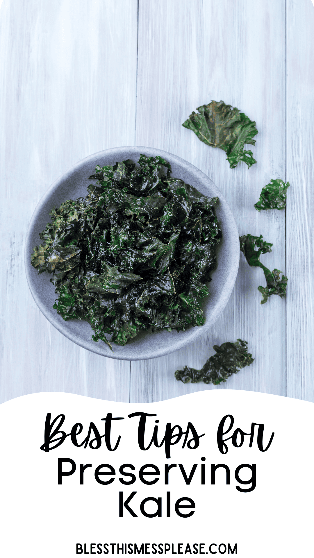 A bowl of crispy kale chips sits on a light wooden surface, with some chips scattered nearby. Text at the bottom reads, Best Tips for How to Preserve Kale, blessthismessplease.com.