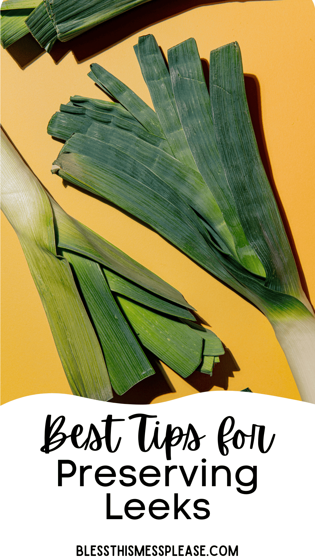 Fresh leeks with their green tops and white stalks are arranged on a yellow background. Text at the bottom reads, “Best Tips for How to Preserve Leeks. blessthismessplease.com.”.