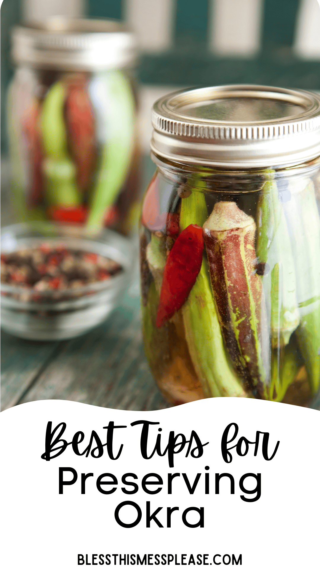 A close-up of glass jars filled with pickled okra, red chili peppers, and spices on a rustic surface. Text on image reads: Best Tips for How to Preserve Okra blessthismessplease.com.