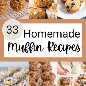 Collage of various homemade muffins, including blueberry, chocolate chip, and streusel-topped, with text: 33 Homemade Muffin Recipes and a website link at the bottom. A hand pours glaze on a muffin in one image, showcasing delicious muffin recipes.