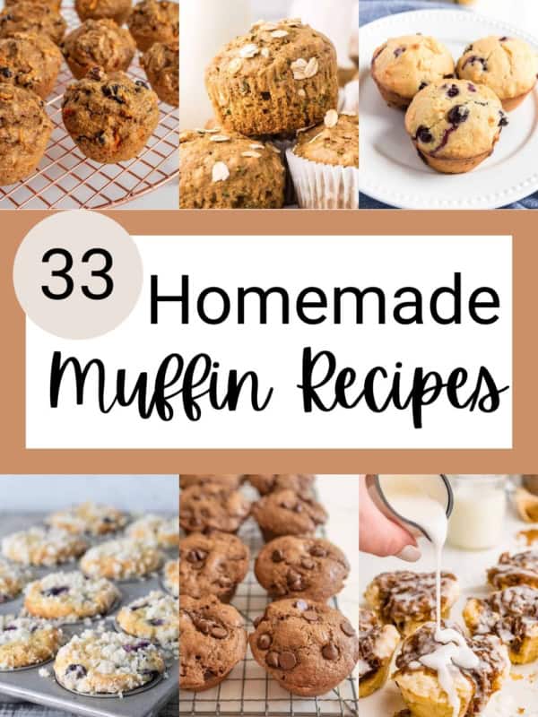 Collage of various homemade muffins, including blueberry, chocolate chip, and streusel-topped, with text: 33 Homemade Muffin Recipes and a website link at the bottom. A hand pours glaze on a muffin in one image, showcasing delicious muffin recipes.