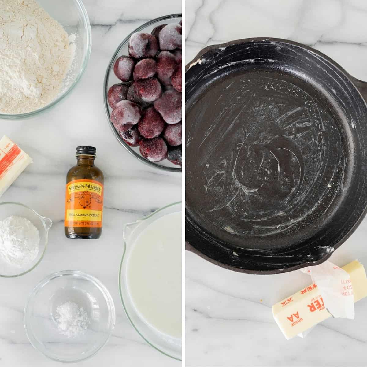 Two-panel image: Left shows ingredients for a cherry cobbler recipe—flour, sugar, milk, frozen cherries, butter, vanilla, and cornstarch. Right panel features a greased black baking dish and used butter wrapper.