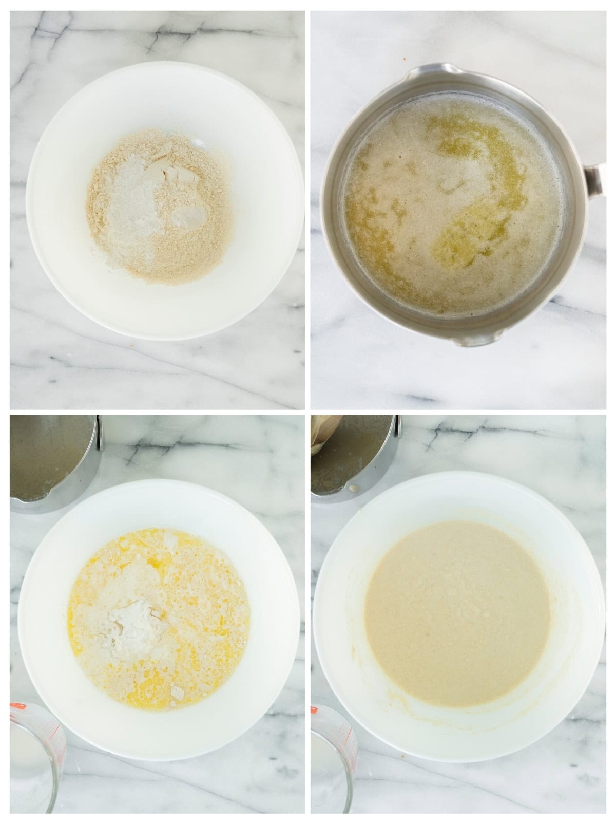 Four images show steps of a cherry cobbler recipe: a bowl of dry ingredients, a saucepan with melted butter, the bowl with added liquids, and the bowl with smooth, blended batter, all on a marble countertop.