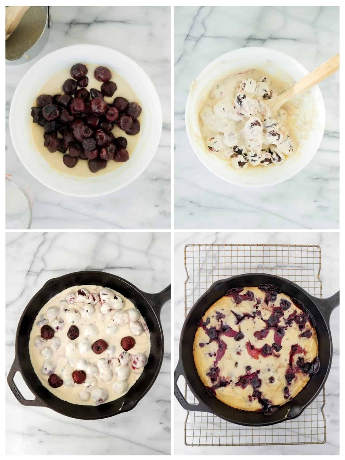 A four-step collage shows making a cherry cobbler recipe: cherries in a bowl, batter mixed with cherries, batter poured in a skillet, and a baked cherry dessert cooling on a wire rack.