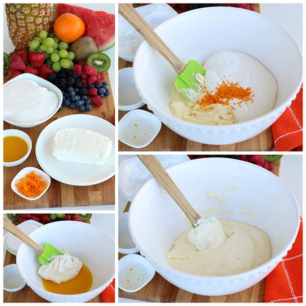 A step-by-step collage shows fresh fruit, cream cheese, orange zest, and other ingredients being mixed in a bowl to prepare a creamy fruit dip recipe.