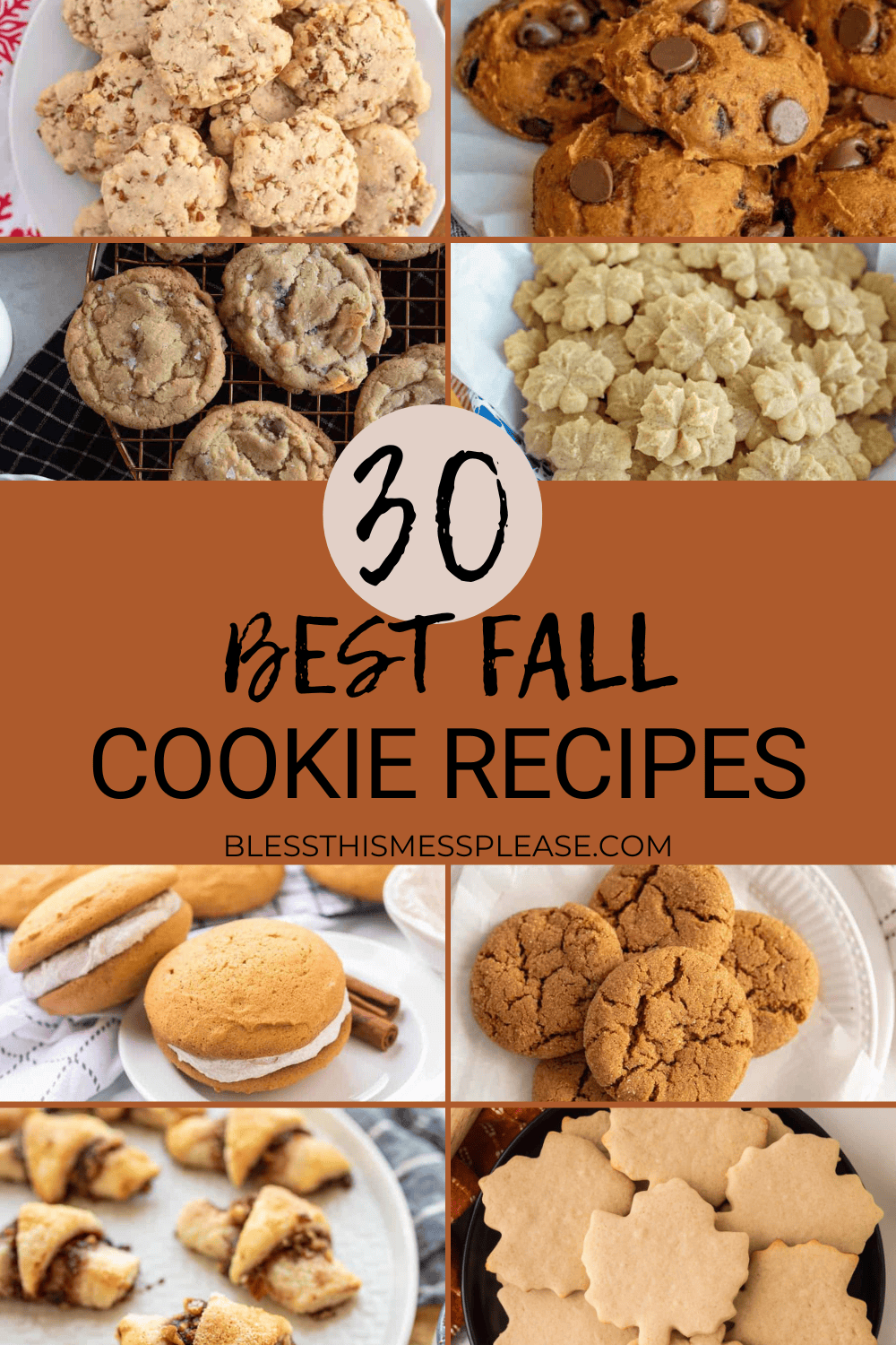 A collage of various cookies, including chocolate chip, gingersnap, and sandwich cookies, with text: “30 Best Fall Cookie Recipes” and “blessthismessplease.com” in the center highlights delicious fall cookie recipes.