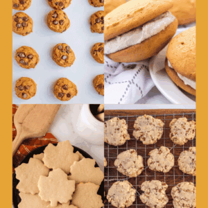 A collage of fall cookie recipes: pumpkin chocolate chip cookies, spiced whoopie pies with cream filling, maple leaf-shaped sugar cookies, and nut-studded cookies cooling on a wire rack.