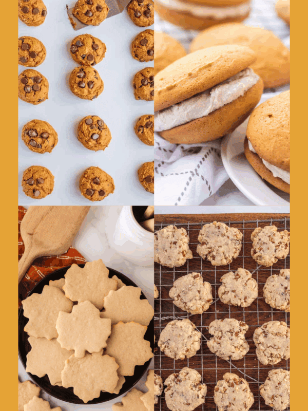 A collage of fall cookie recipes: pumpkin chocolate chip cookies, spiced whoopie pies with cream filling, maple leaf-shaped sugar cookies, and nut-studded cookies cooling on a wire rack.