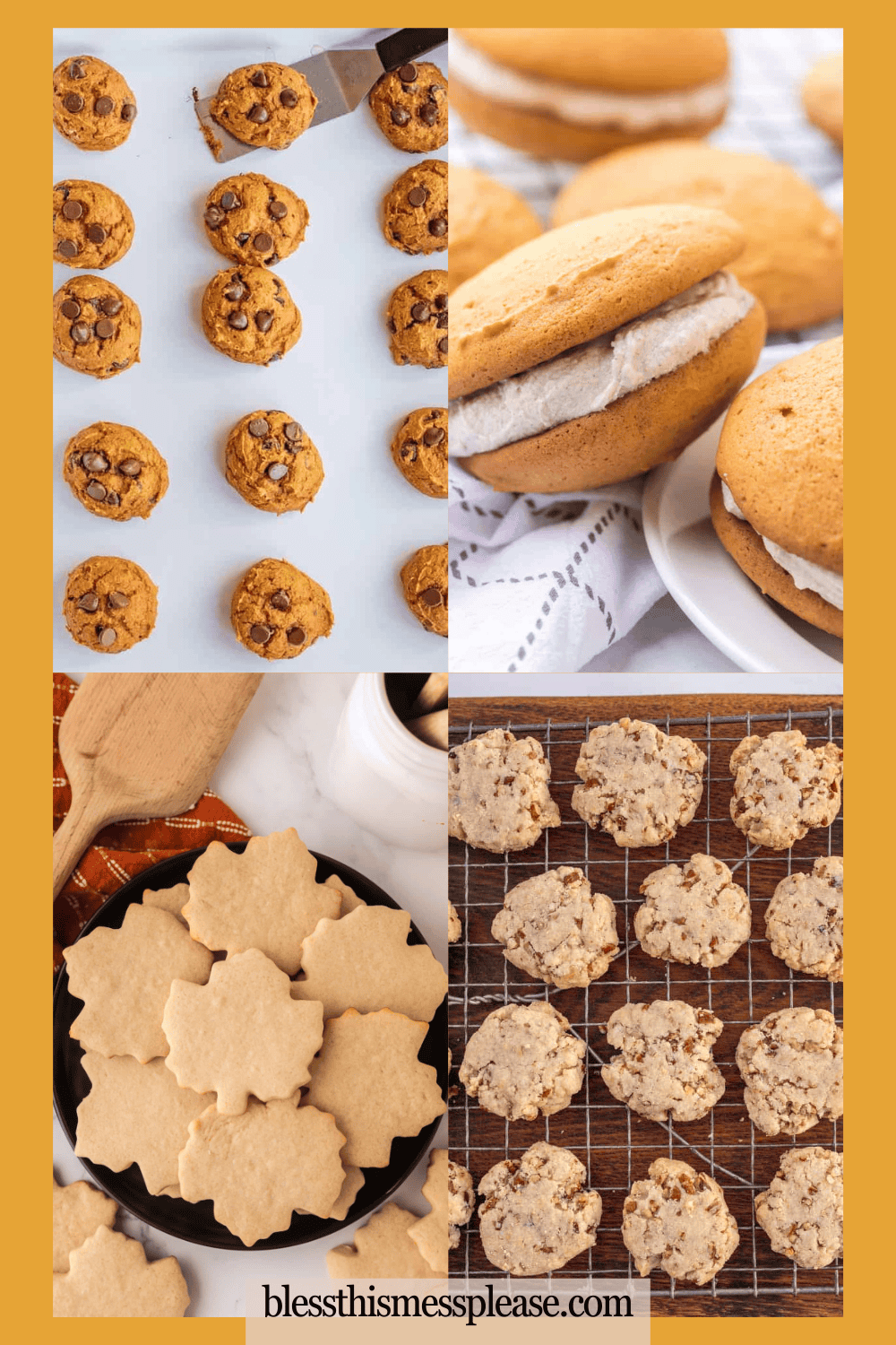 A collage of fall cookie recipes: pumpkin chocolate chip cookies, spiced whoopie pies with cream filling, maple leaf-shaped sugar cookies, and nut-studded cookies cooling on a wire rack.