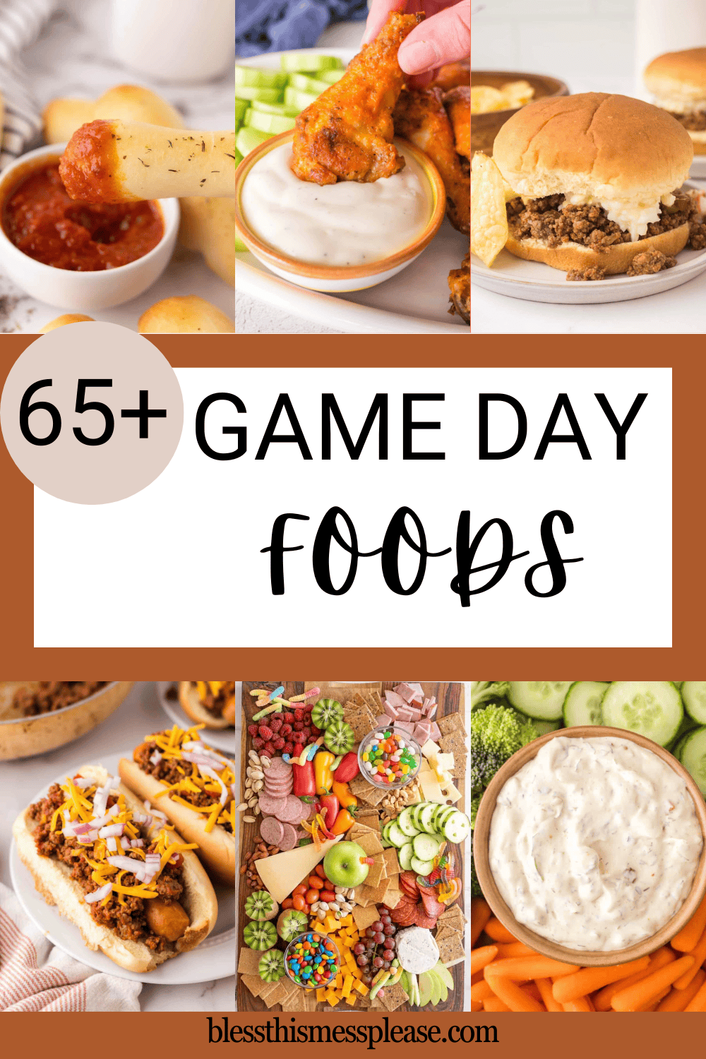 A collage of popular game day food, including breadsticks with marinara, chicken wings with ranch, a cheeseburger, chili dogs, a charcuterie board, and veggie dip with cucumbers. Text: 65+ Game Day Foods.
