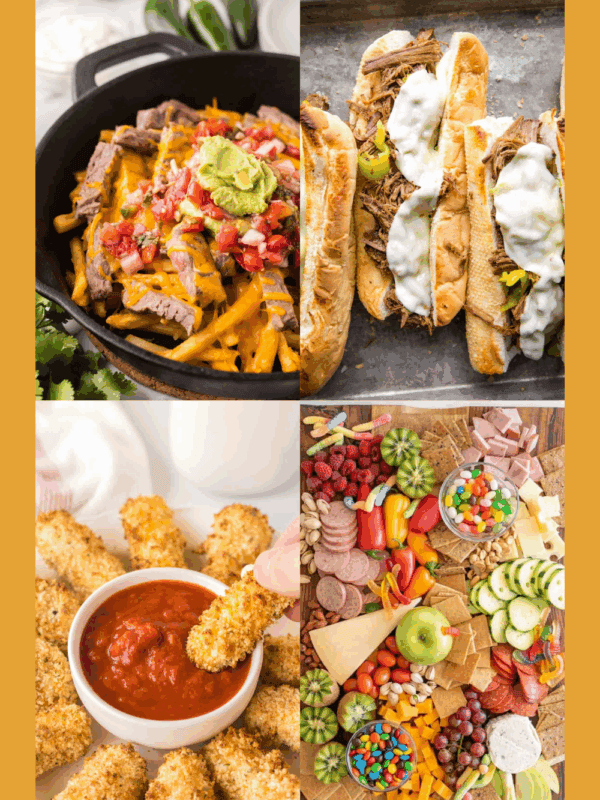 A collage of four images showcases perfect game day food: loaded steak fries with toppings, Philly cheesesteak sandwiches, breaded mozzarella sticks dipped in marinara, and a colorful charcuterie board with fruits, veggies, and snacks.