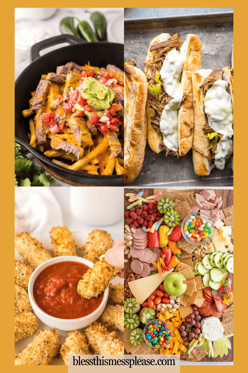 A collage of four images showcases perfect game day food: loaded steak fries with toppings, Philly cheesesteak sandwiches, breaded mozzarella sticks dipped in marinara, and a colorful charcuterie board with fruits, veggies, and snacks.